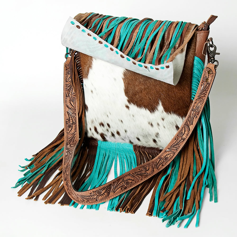 ADBG830 Turquoise Fringe Hair-On Messenger Bag Genuine Tooled Leather Western Messenger