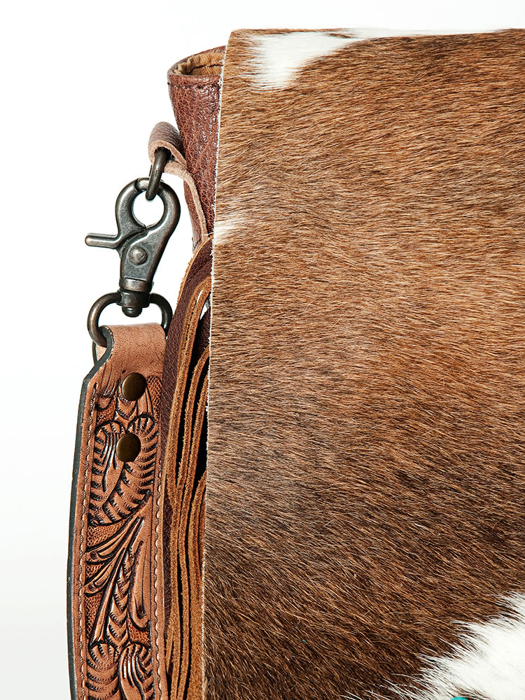 ADBG830 Turquoise Fringe Hair-On Messenger Bag Genuine Tooled Leather Western Messenger