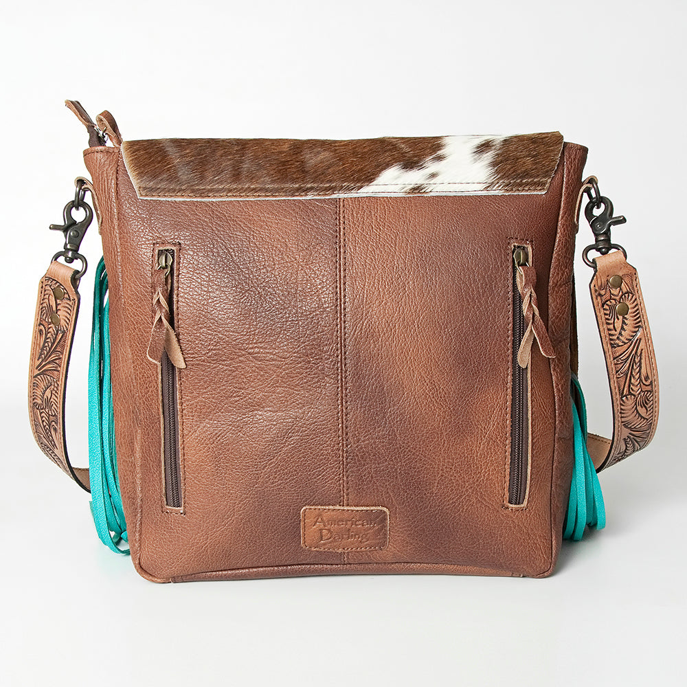 ADBG830 Turquoise Fringe Hair-On Messenger Bag Genuine Tooled Leather Western Messenger