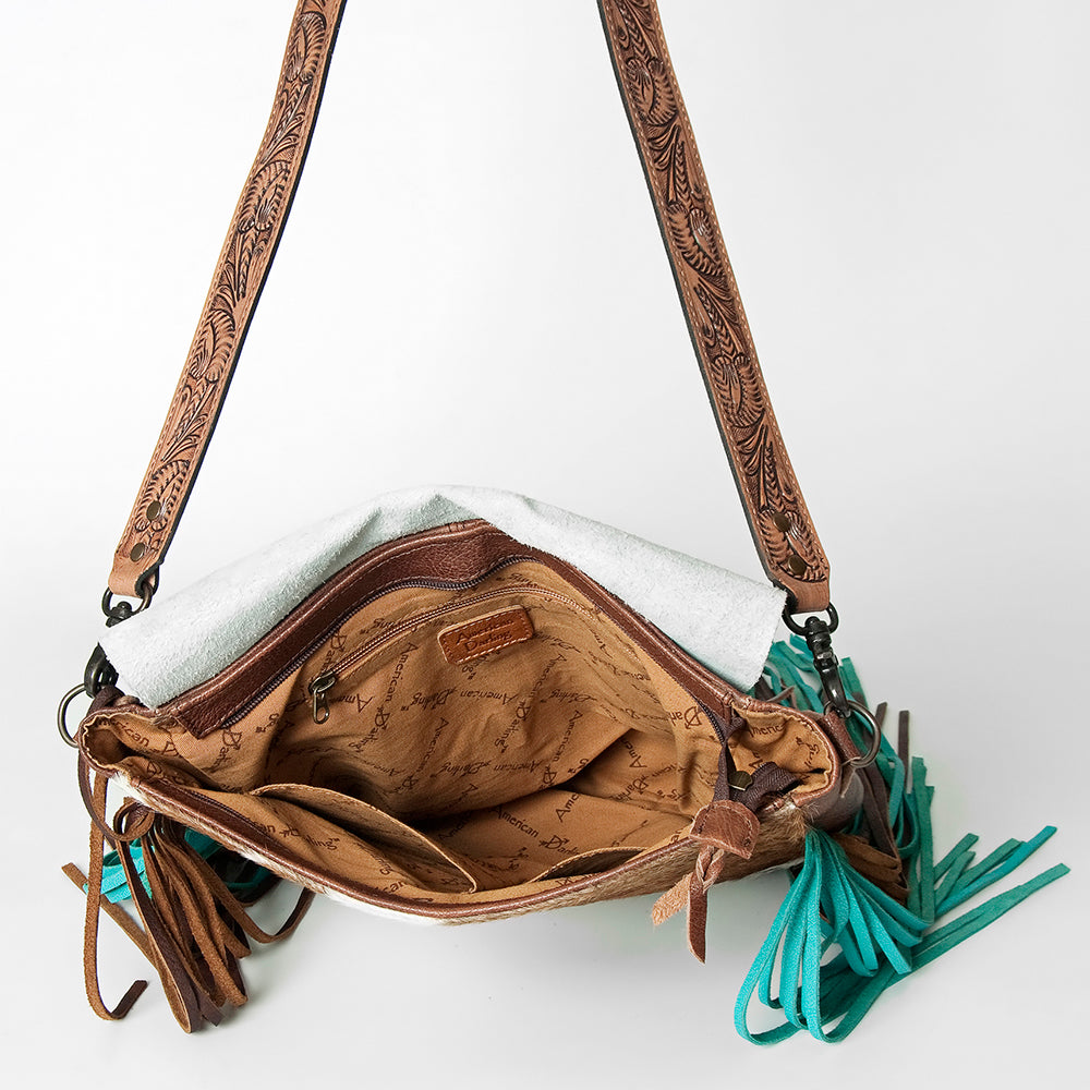 ADBG830 Turquoise Fringe Hair-On Messenger Bag Genuine Tooled Leather Western Messenger