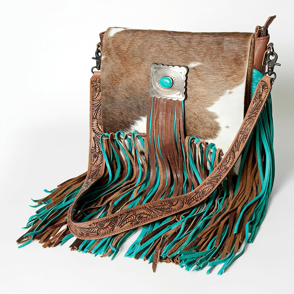 ADBG830 Turquoise Fringe Hair-On Messenger Bag Genuine Tooled Leather Western Messenger