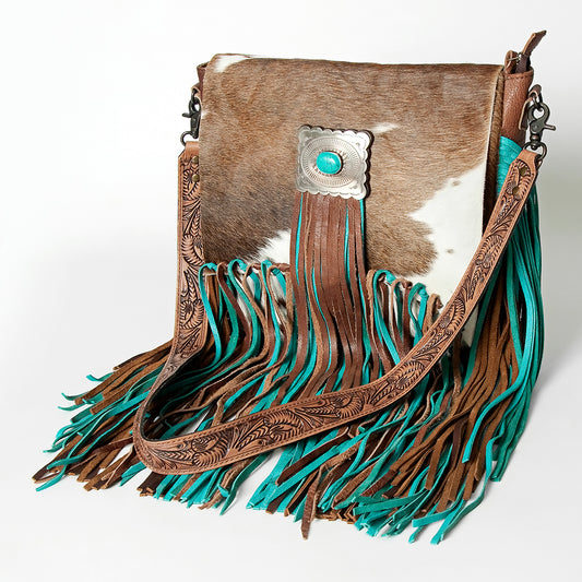 ADBG830 Turquoise Fringe Hair-On Messenger Bag Genuine Tooled Leather Western Messenger