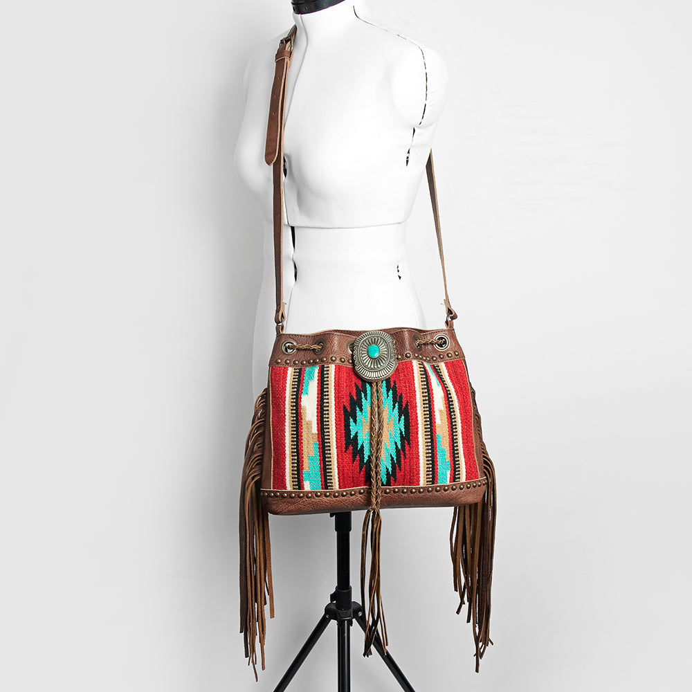 LC-ADBG836 Wool Saddle Blanket Fringe Bucket Bag Western Leather Crossbody by American Darling