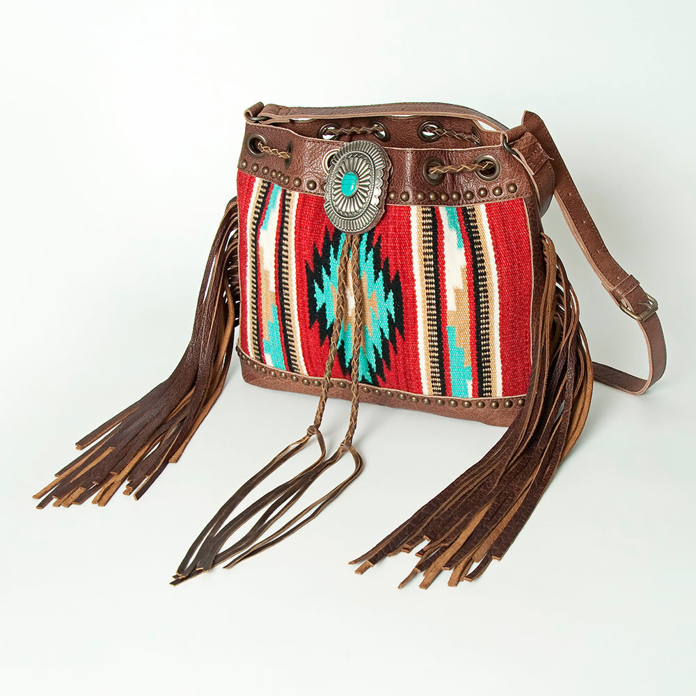 LC-ADBG836 Wool Saddle Blanket Fringe Bucket Bag Western Leather Crossbody by American Darling