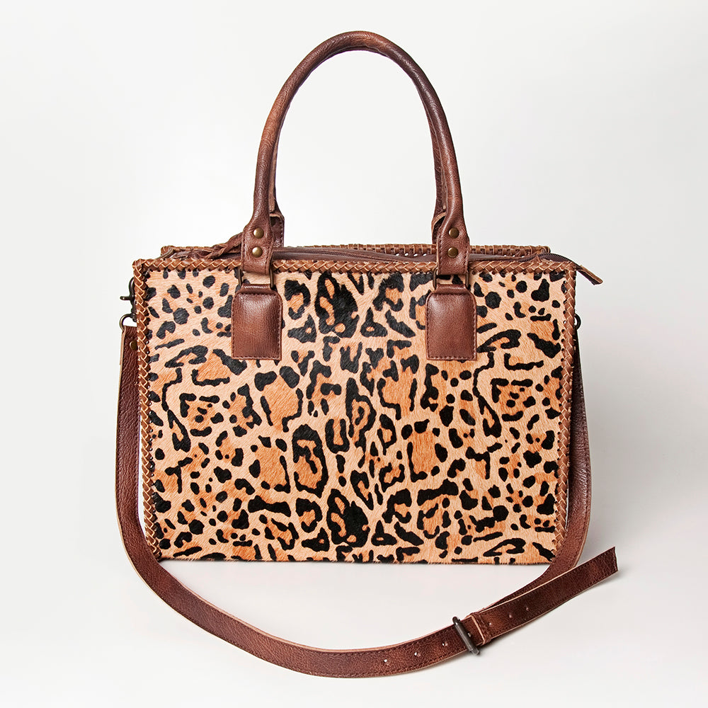 ADBG229 Printed Hair-On Hide Leather Tote with Brown Strap and Stitch Detailing