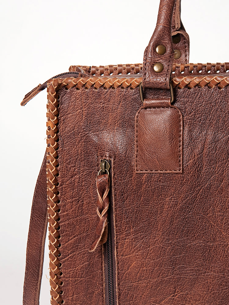 ADBG229 Printed Hair-On Hide Leather Tote with Brown Strap and Stitch Detailing