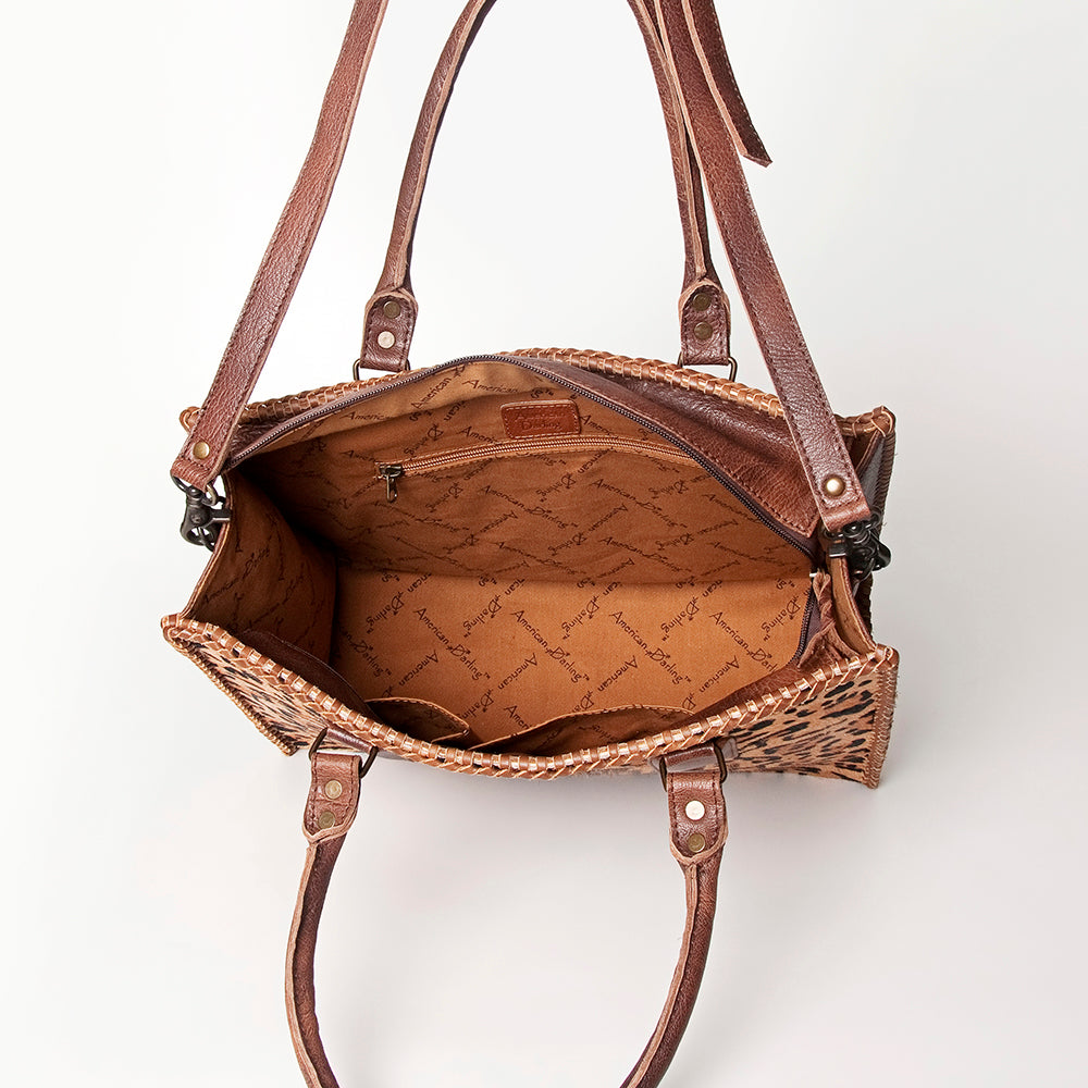 ADBG229 Printed Hair-On Hide Leather Tote with Brown Strap and Stitch Detailing