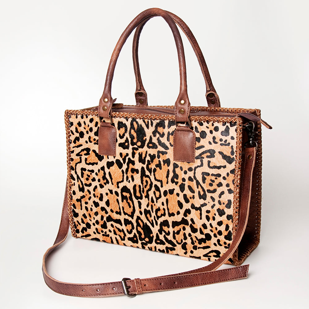 ADBG229 Printed Hair-On Hide Leather Tote with Brown Strap and Stitch Detailing