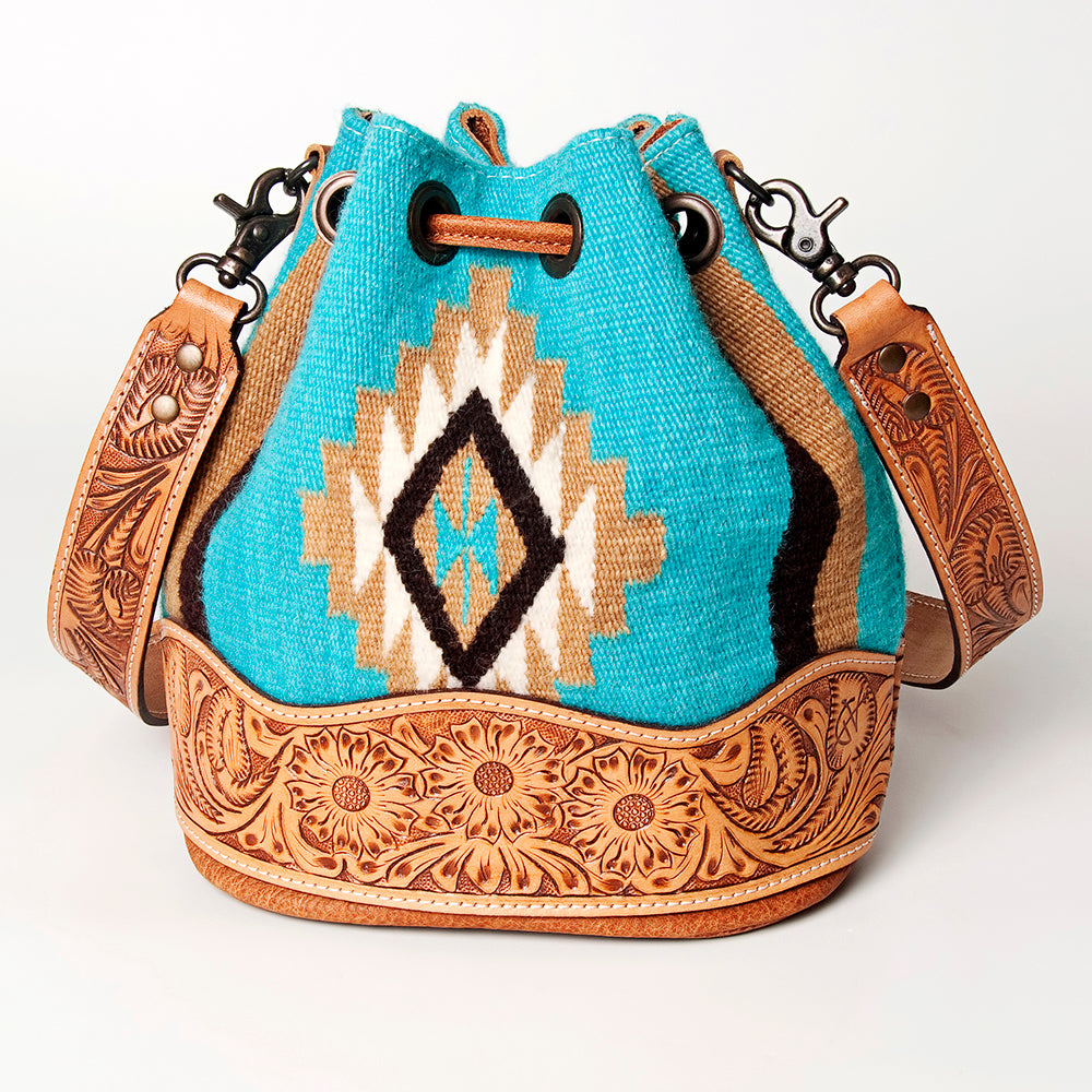 ADBG569 American Darling Hand Tooled Floral Leather & Woven Saddle Blanket Western Bucket Bag