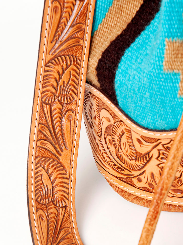 ADBG569 American Darling Hand Tooled Floral Leather & Woven Saddle Blanket Western Bucket Bag