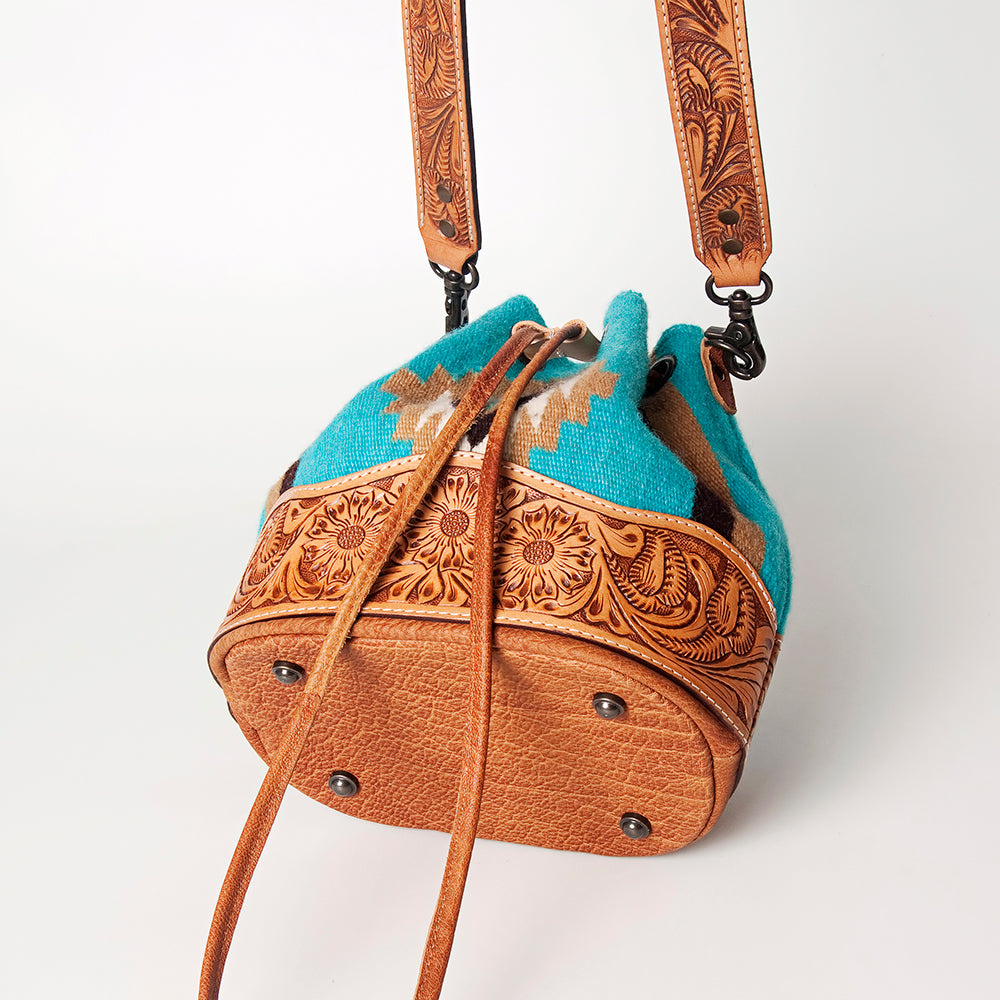 ADBG569 American Darling Hand Tooled Floral Leather & Woven Saddle Blanket Western Bucket Bag