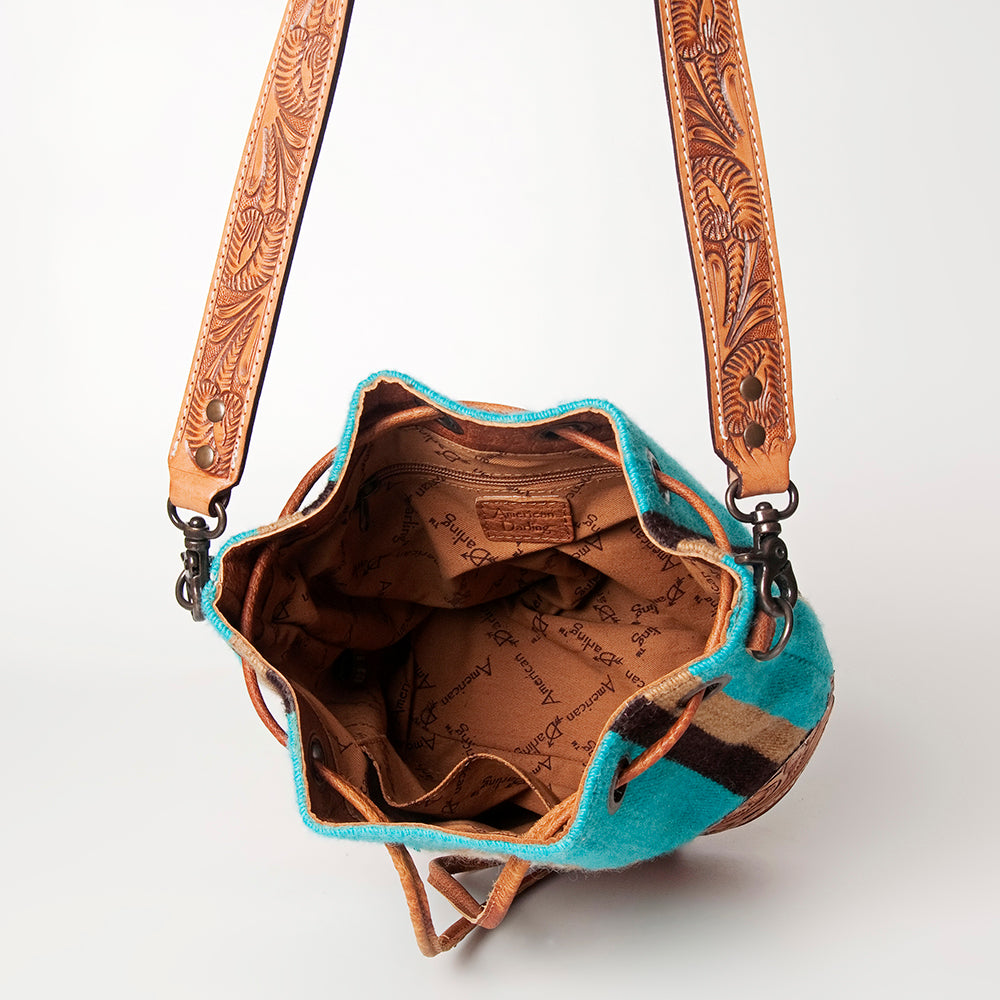 ADBG569 American Darling Hand Tooled Floral Leather & Woven Saddle Blanket Western Bucket Bag