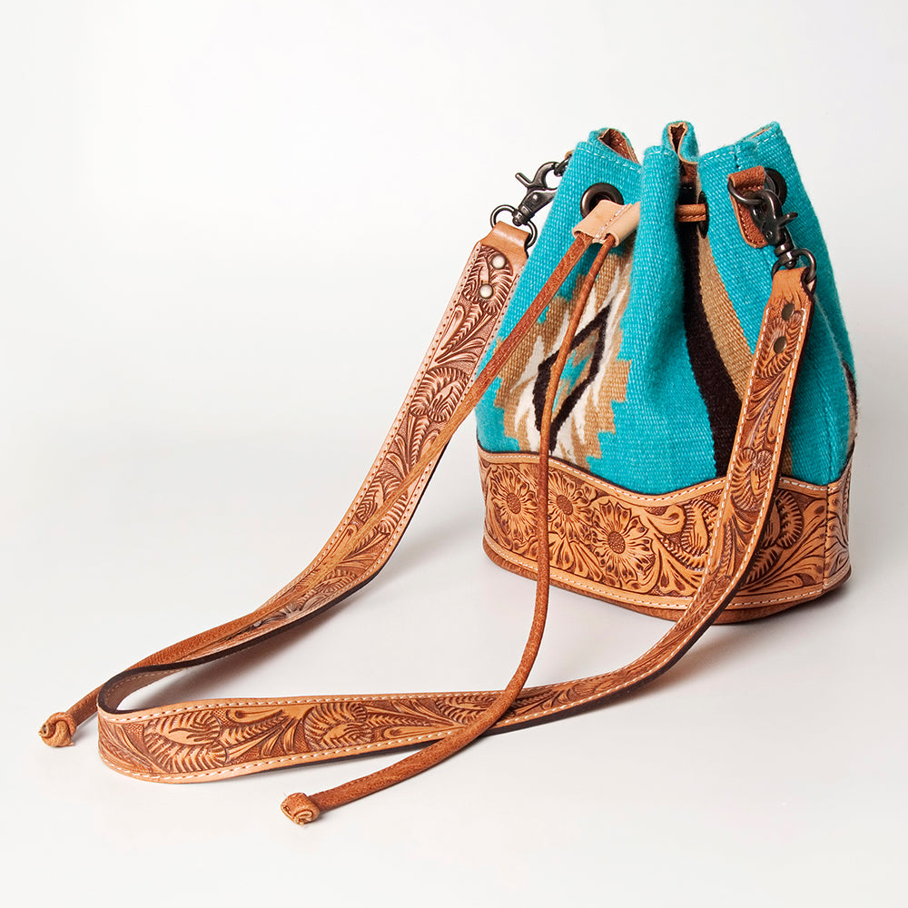 ADBG569 American Darling Hand Tooled Floral Leather & Woven Saddle Blanket Western Bucket Bag