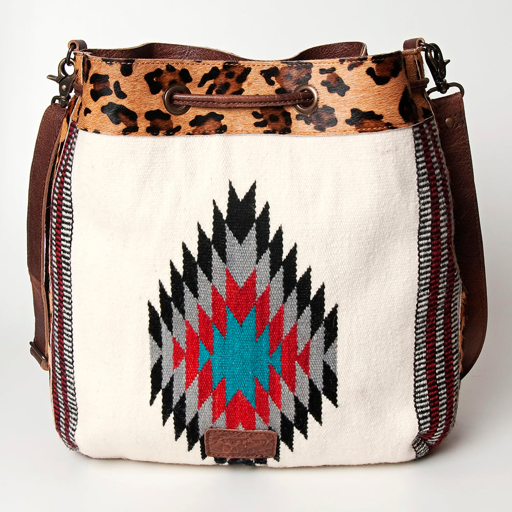 LC-ADBG574 Southwestern Wool Bucket Bag Drawstring Tote with Leather Strap