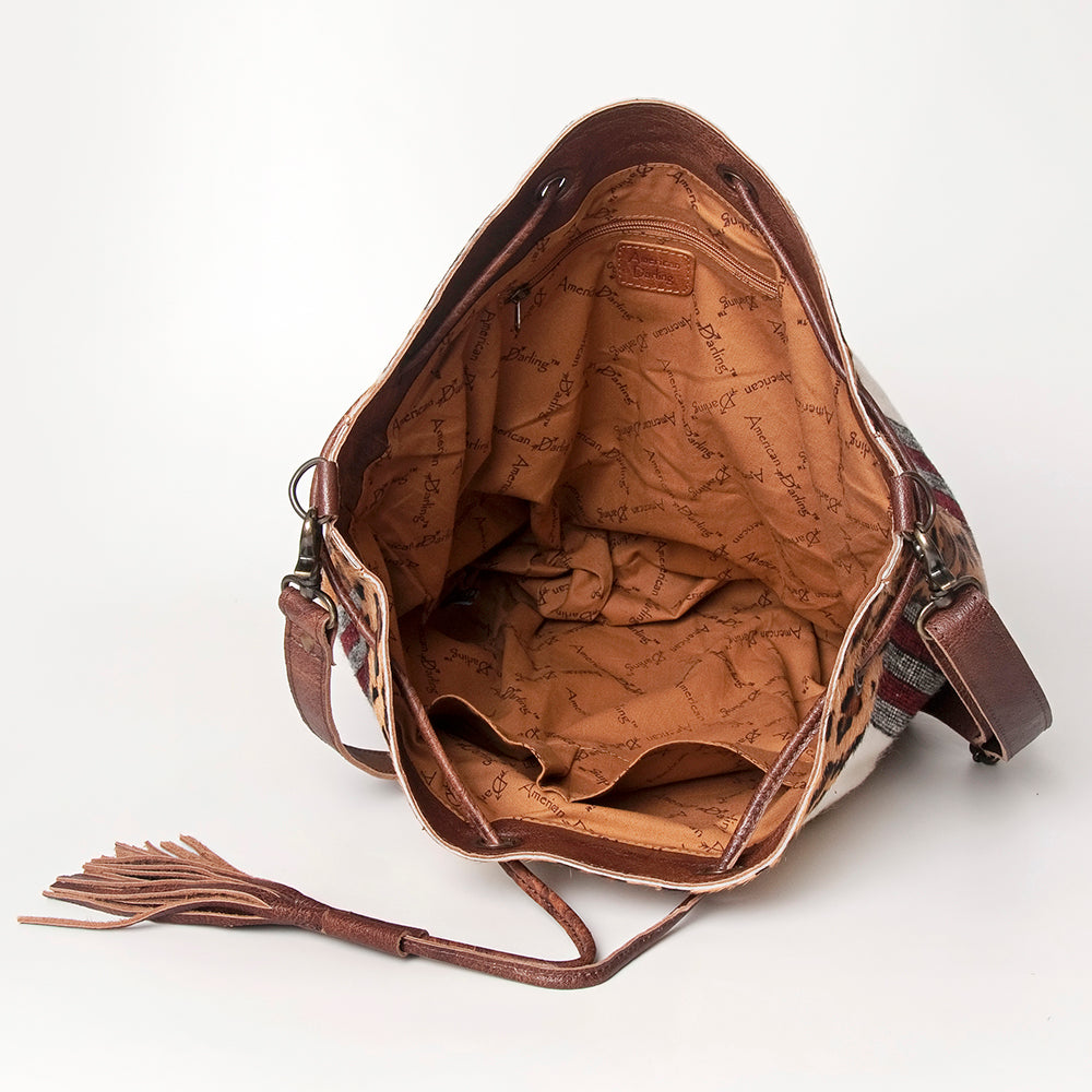 LC-ADBG574 Southwestern Wool Bucket Bag Drawstring Tote with Leather Strap