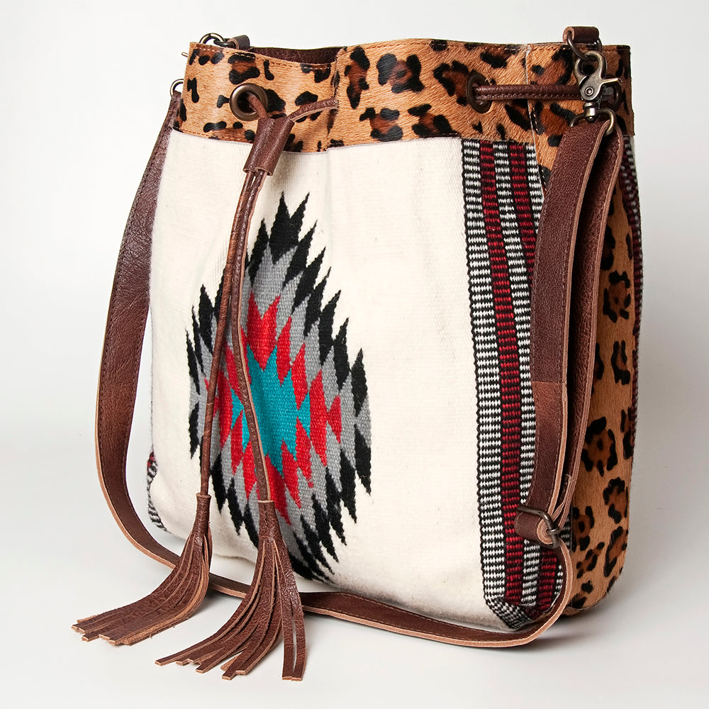 LC-ADBG574 Southwestern Wool Bucket Bag Drawstring Tote with Leather Strap