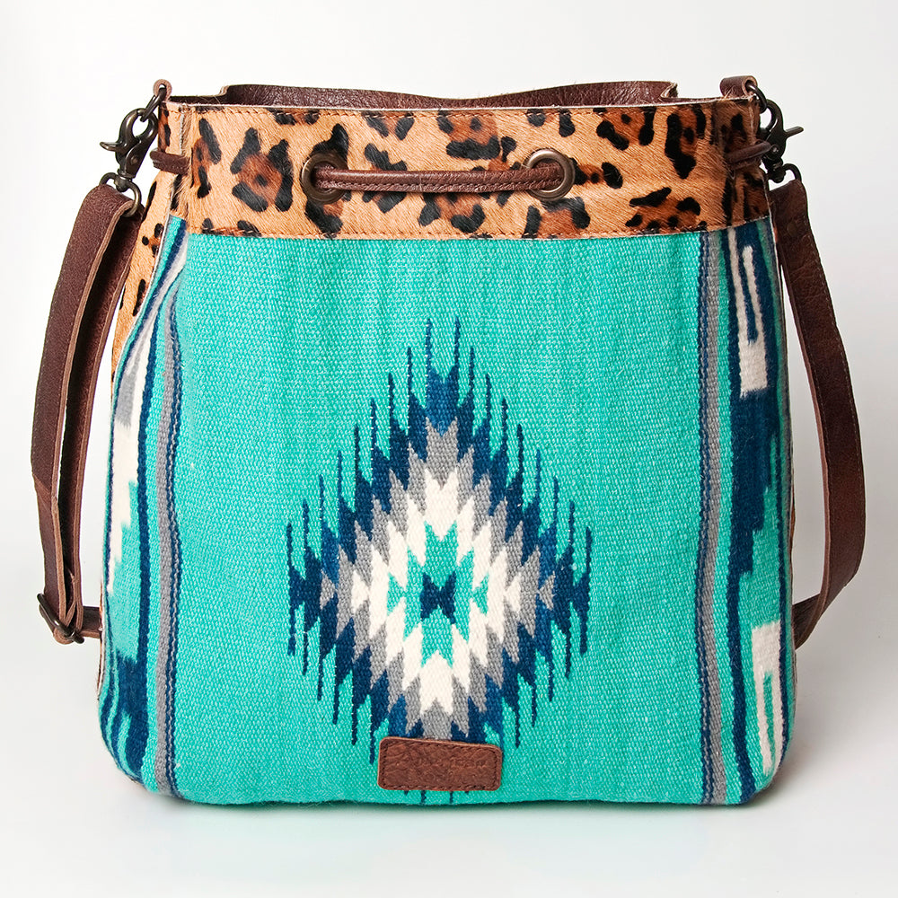 ADBG574 American Darling Aztec Woven Saddle Blanket & Leopard Cowhide Boho Bucket Bag
