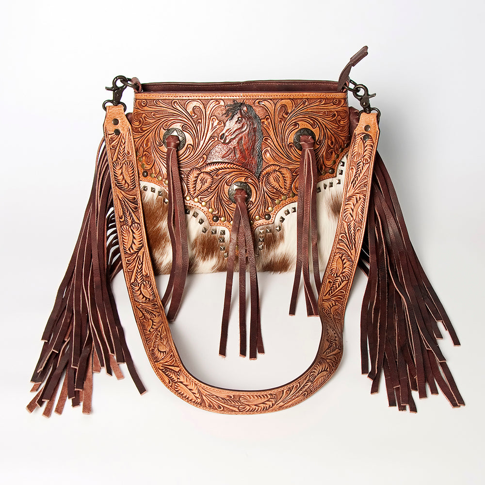 LC-ADBGZ596 Hand-Tooled Leather Crossbody Bag with Horse Design, Fringe & Cowhide - Western Purse