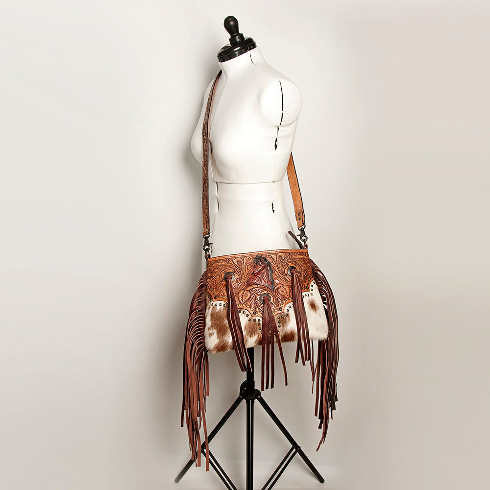 LC-ADBGZ596 Hand-Tooled Leather Crossbody Bag with Horse Design, Fringe & Cowhide - Western Purse