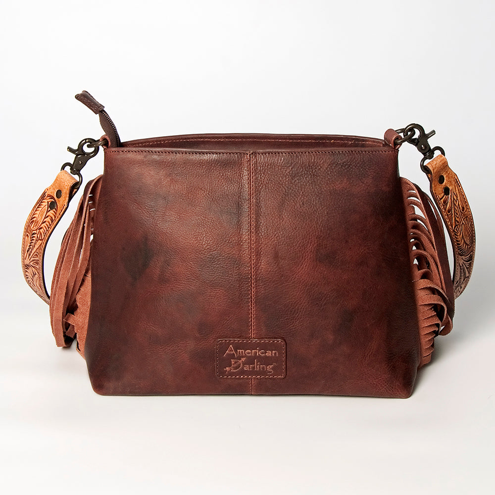 LC-ADBGZ596 Hand-Tooled Leather Crossbody Bag with Horse Design, Fringe & Cowhide - Western Purse