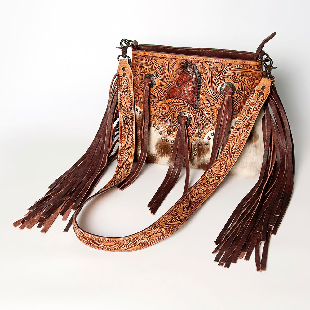 LC-ADBGZ596 Hand-Tooled Leather Crossbody Bag with Horse Design, Fringe & Cowhide - Western Purse