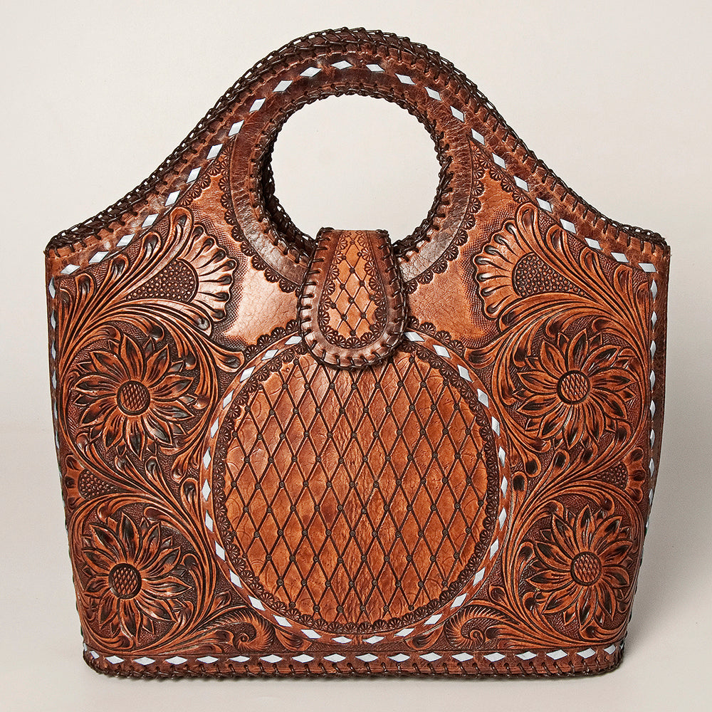 LC-ADBGZ597 Hand-Tooled Leather Tote with Floral & Basketweave Design - Western Round Handle Bag