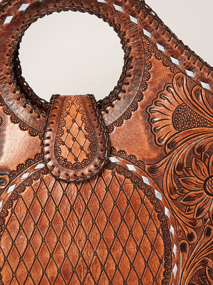 LC-ADBGZ597 Hand-Tooled Leather Tote with Floral & Basketweave Design - Western Round Handle Bag