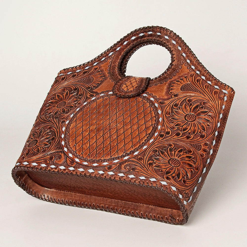 LC-ADBGZ597 Hand-Tooled Leather Tote with Floral & Basketweave Design - Western Round Handle Bag