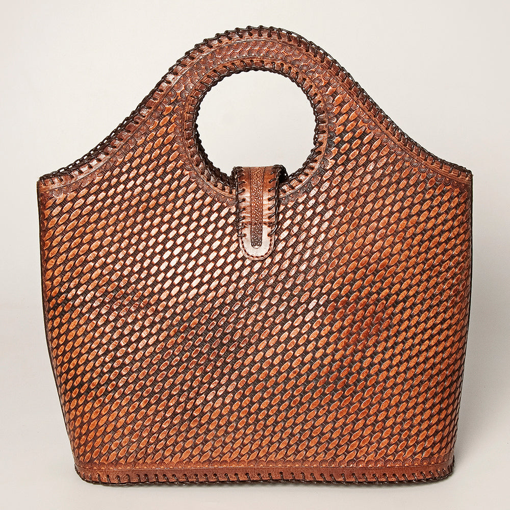 LC-ADBGZ597 Hand-Tooled Leather Tote with Floral & Basketweave Design - Western Round Handle Bag