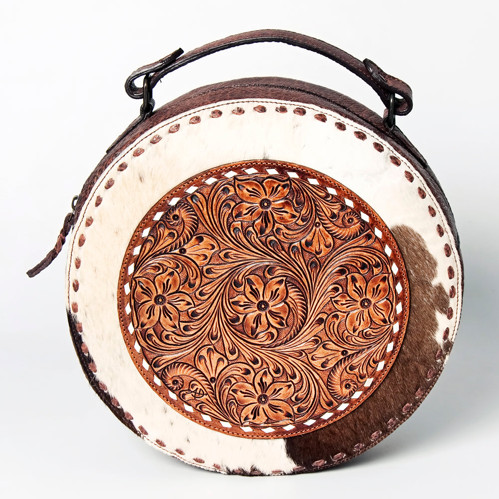 ADBGZ598 Round Tooled Leather Canteen with Cowhide & Floral Design - Western Circle Bag