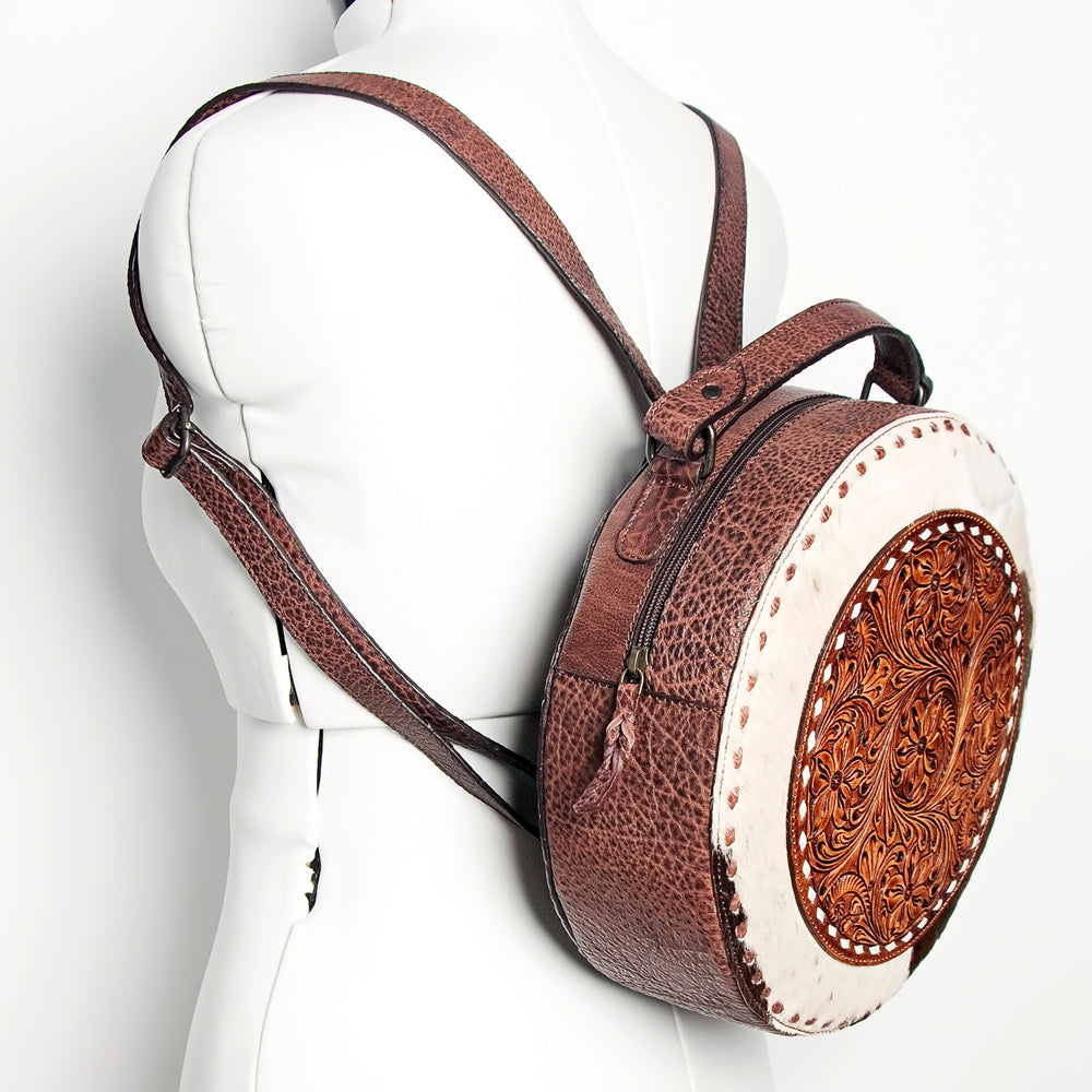 ADBGZ598 Round Tooled Leather Canteen with Cowhide & Floral Design - Western Circle Bag
