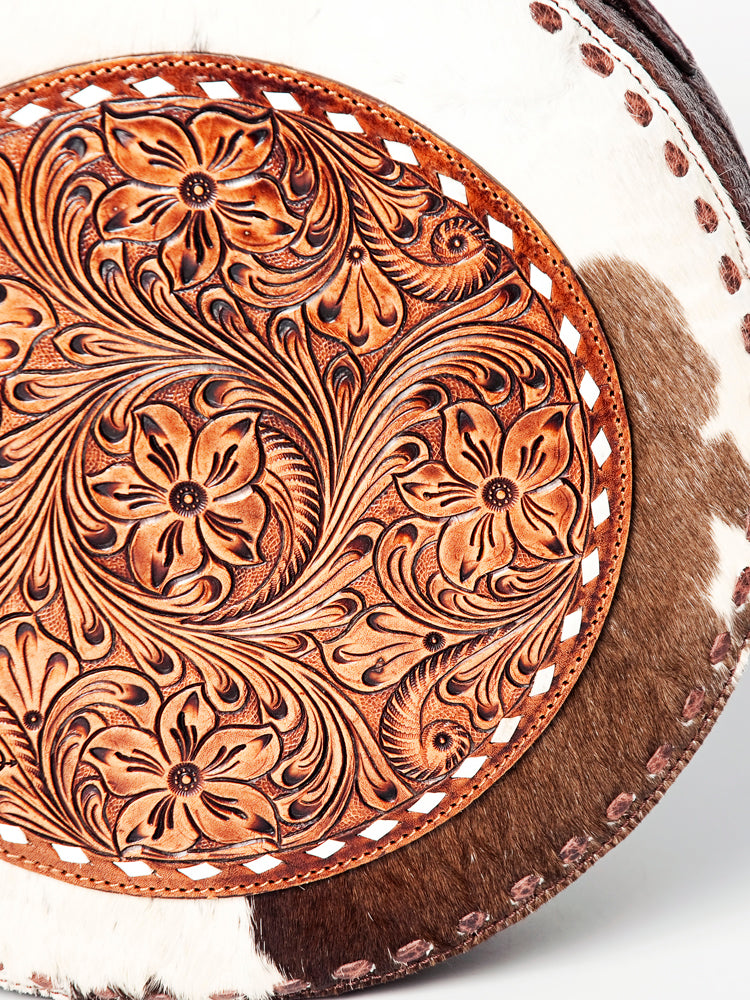 ADBGZ598 Round Tooled Leather Canteen with Cowhide & Floral Design - Western Circle Bag