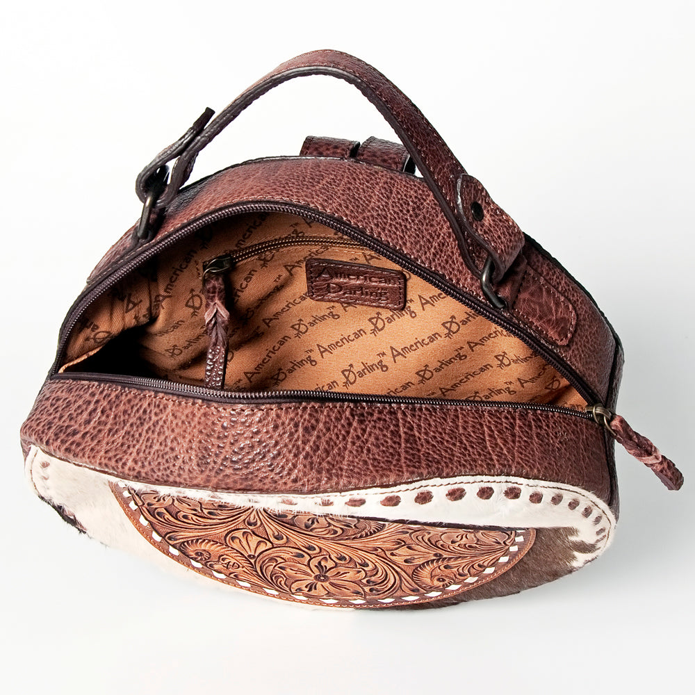 ADBGZ598 Round Tooled Leather Canteen with Cowhide & Floral Design - Western Circle Bag