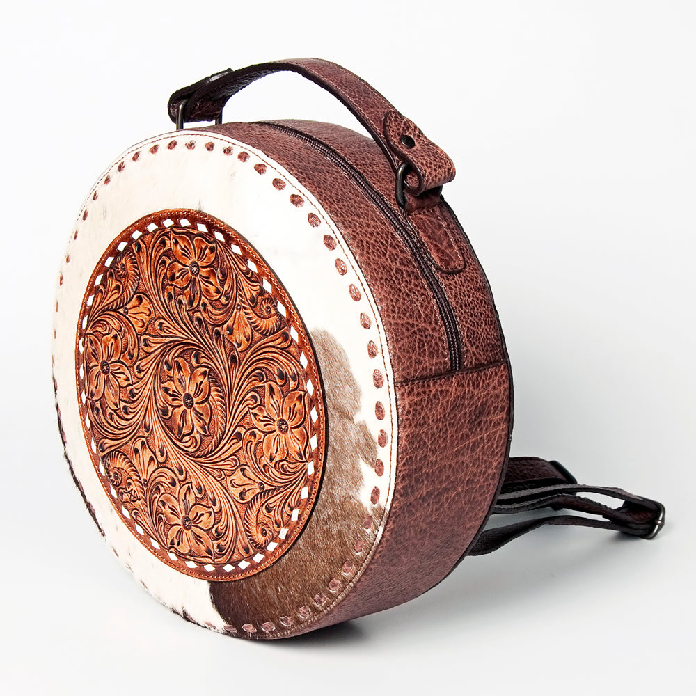 ADBGZ598 Round Tooled Leather Canteen with Cowhide & Floral Design - Western Circle Bag