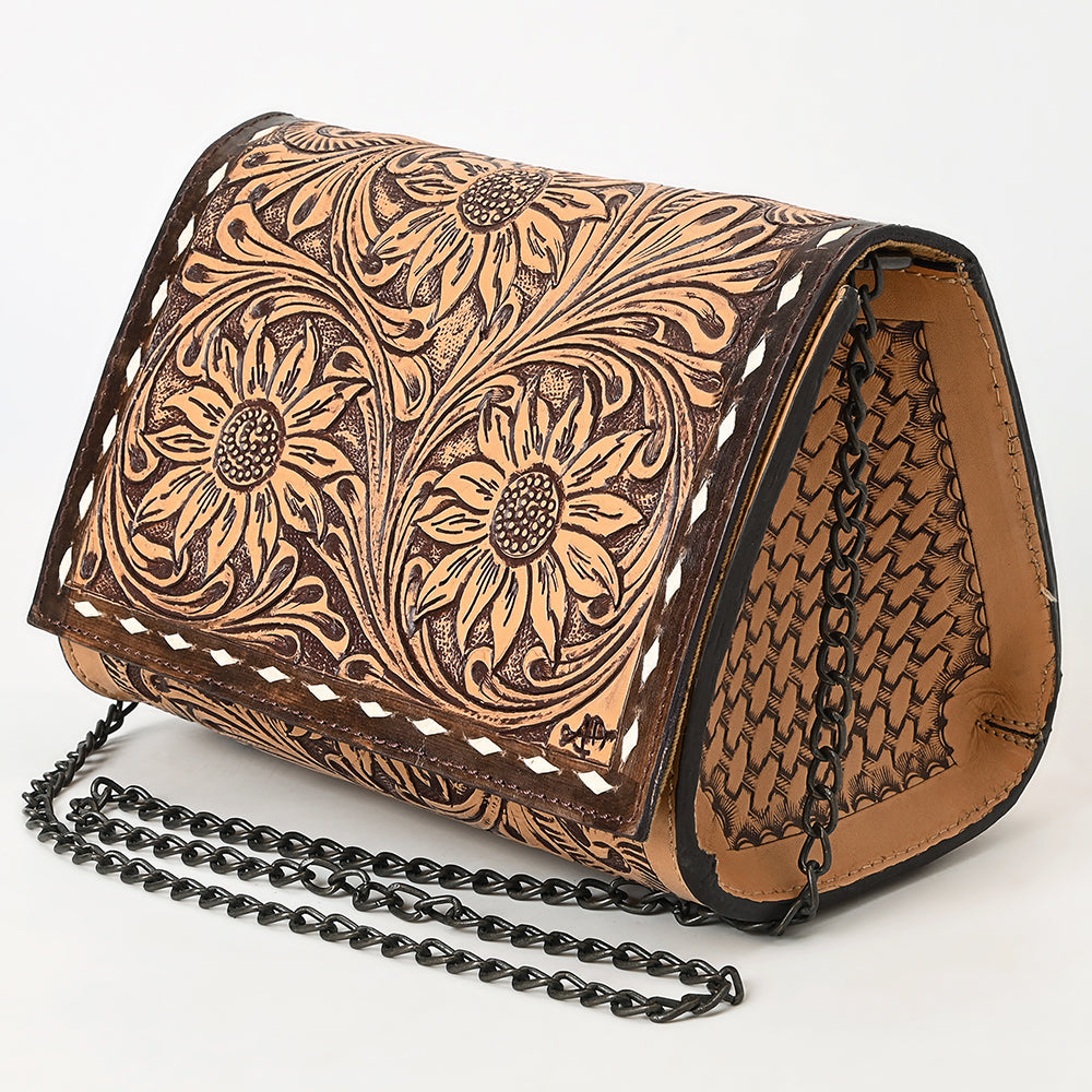 ADBGZ601 Hand Tooled Leather Crossbody Bag with Floral Design & Chain Strap - Western Evening Purse