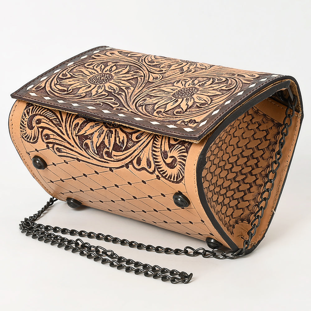 ADBGZ601 Hand Tooled Leather Crossbody Bag with Floral Design & Chain Strap - Western Evening Purse