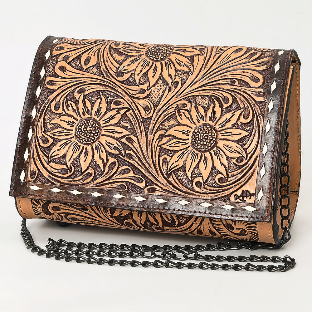 ADBGZ601 Hand Tooled Leather Crossbody Bag with Floral Design & Chain Strap - Western Evening Purse