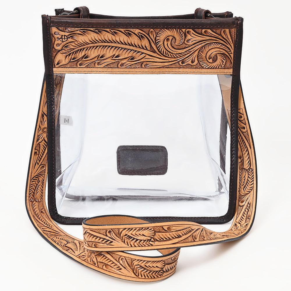 ADBGZ603 Clear Stadium Crossbody Bag with Floral Tooled Leather Trim - Western Concert Purse