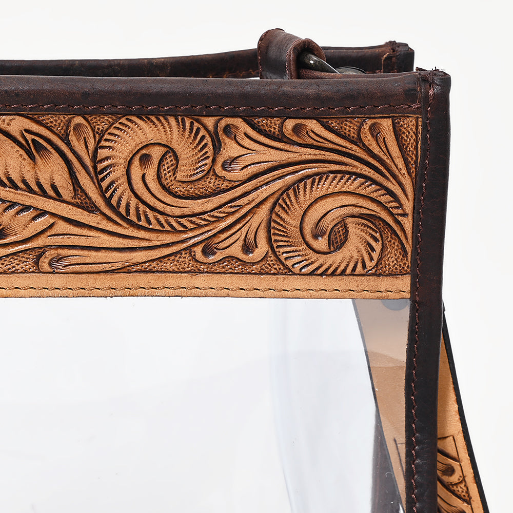 ADBGZ603 Clear Stadium Crossbody Bag with Floral Tooled Leather Trim - Western Concert Purse