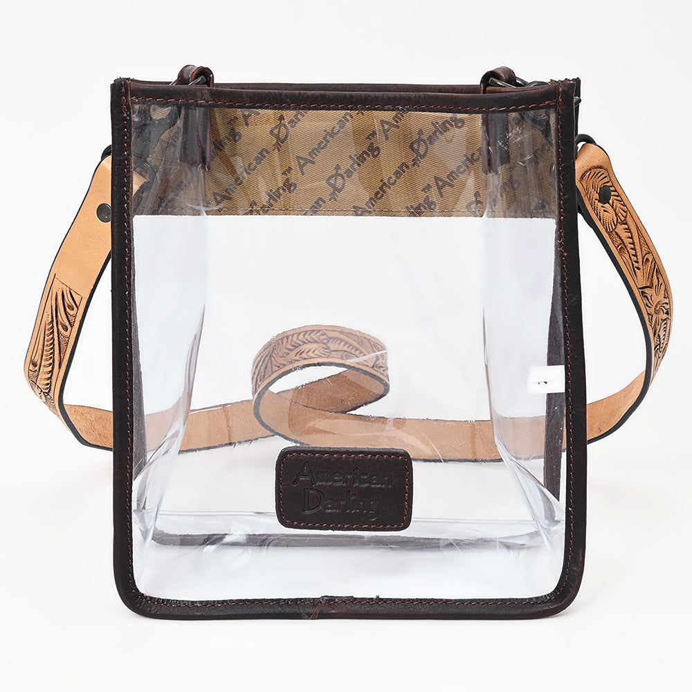 ADBGZ603 Clear Stadium Crossbody Bag with Floral Tooled Leather Trim - Western Concert Purse