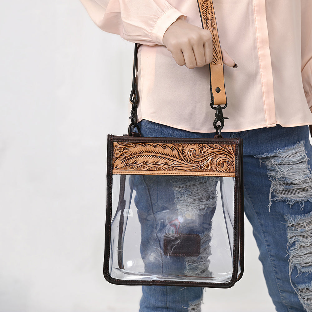 ADBGZ603 Clear Stadium Crossbody Bag with Floral Tooled Leather Trim - Western Concert Purse