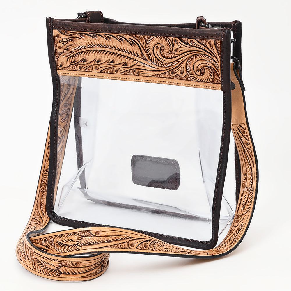 ADBGZ603 Clear Stadium Crossbody Bag with Floral Tooled Leather Trim - Western Concert Purse