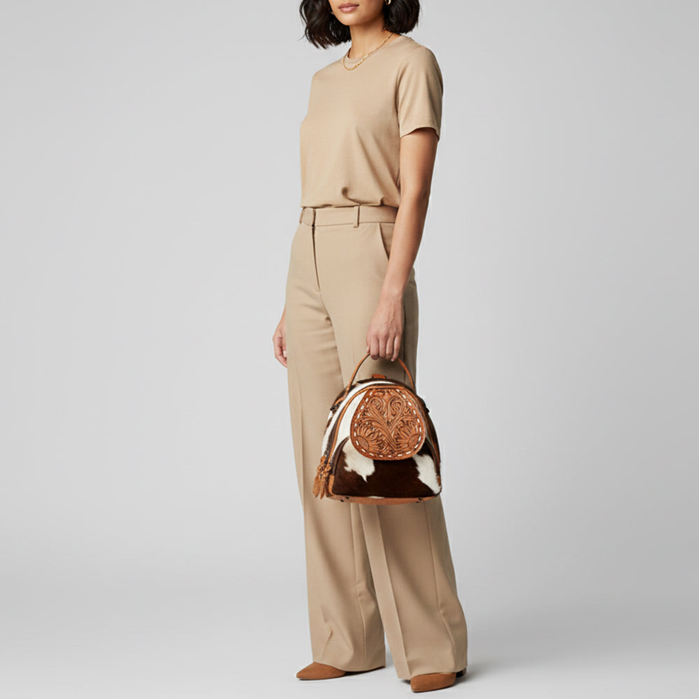 LC-ADBGZ611 Mini Cowhide Leather Backpack with Tooled Flap - Western Festival & Everyday Bag