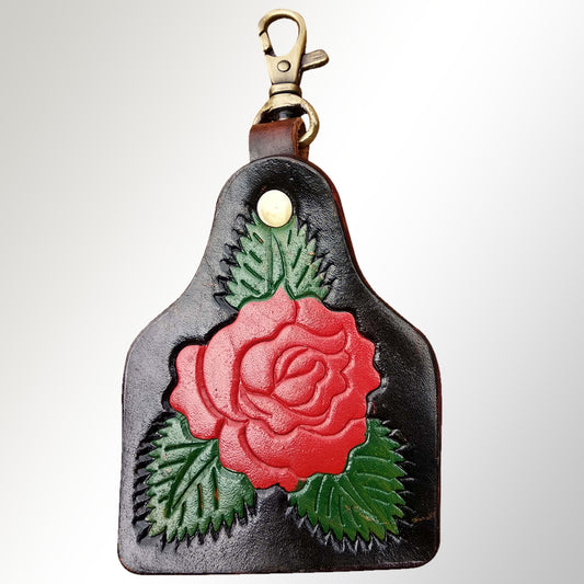 LC-ADKRX101 Hand-Tooled Leather Keyring   Red Rose Floral Western Design