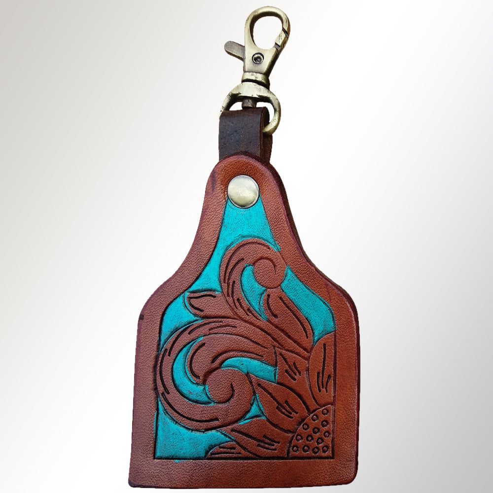 LC-ADKRX102 Hand-Tooled Leather Keyring   Western Floral Scroll with Turquoise Inlay