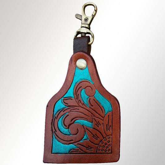 LC-ADKRX102 Hand-Tooled Leather Keyring   Western Floral Scroll with Turquoise Inlay