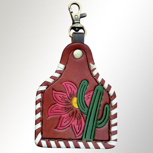 LC-ADKRX103 Hand-Tooled Cactus & Flower Leather Keyring   Western Whipstitch Border Design