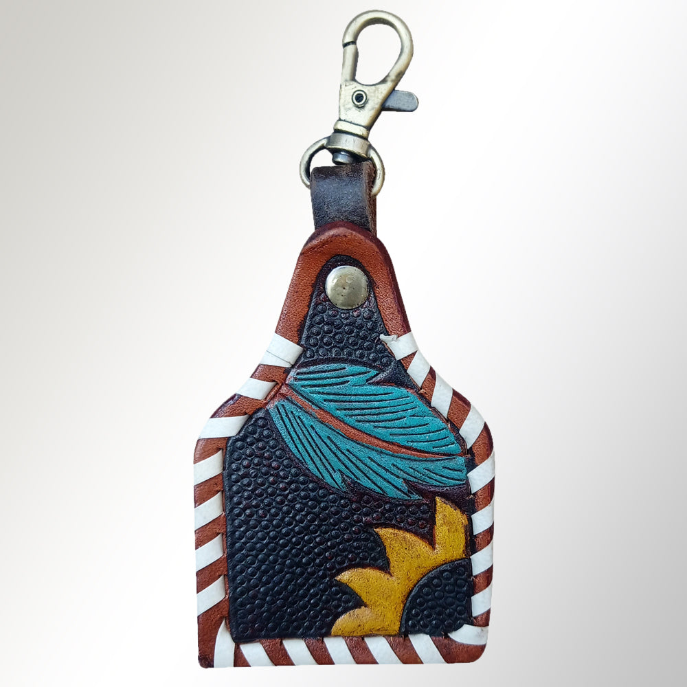 LC-ADKRX106 Hand-Tooled Leather Keyring with Feather & Sunflower Design   Western Style
