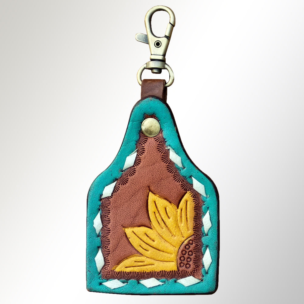 ADKRX107 Handcrafted Leather Keyring with Sunflower Tooling & Turquoise Border   Western Style