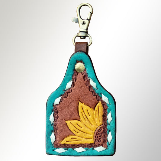 ADKRX107 Handcrafted Leather Keyring with Sunflower Tooling & Turquoise Border   Western Style